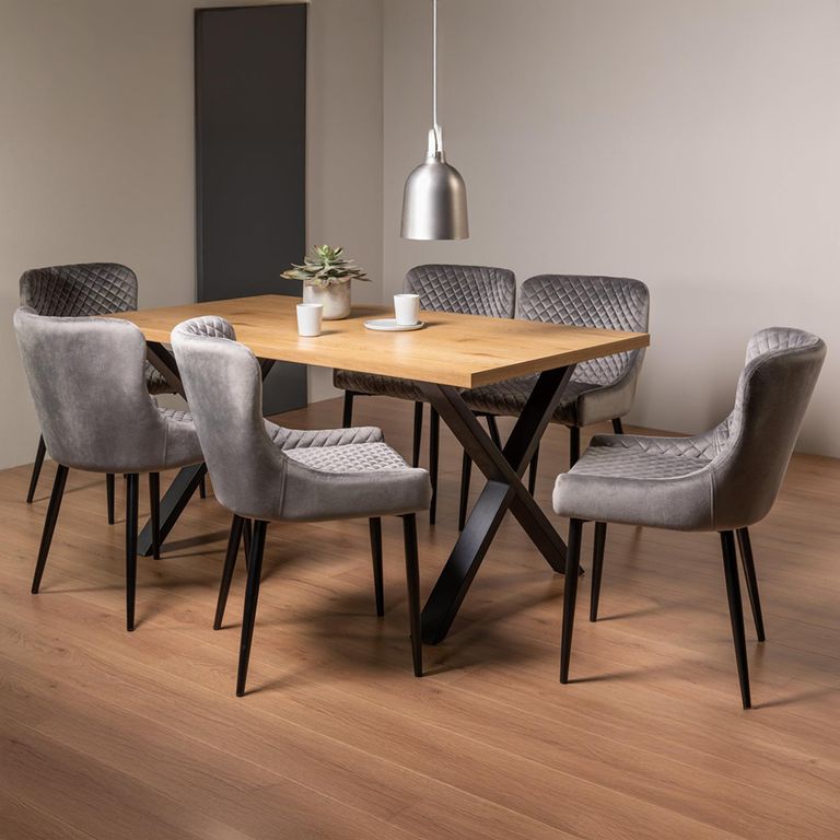 Ramsay Oak Dining Table Set - 6 Seater - 160cm - X Leg - 6 Cezanne Grey Velvet Chairs - Black Legs