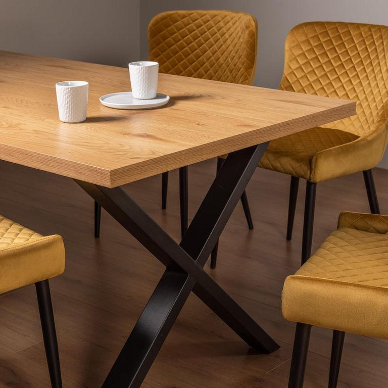 Ramsay Oak Dining Table Set - 6 Seater - 160cm - X Leg - 6 Cezanne Mustard Velvet Chairs - Black Legs