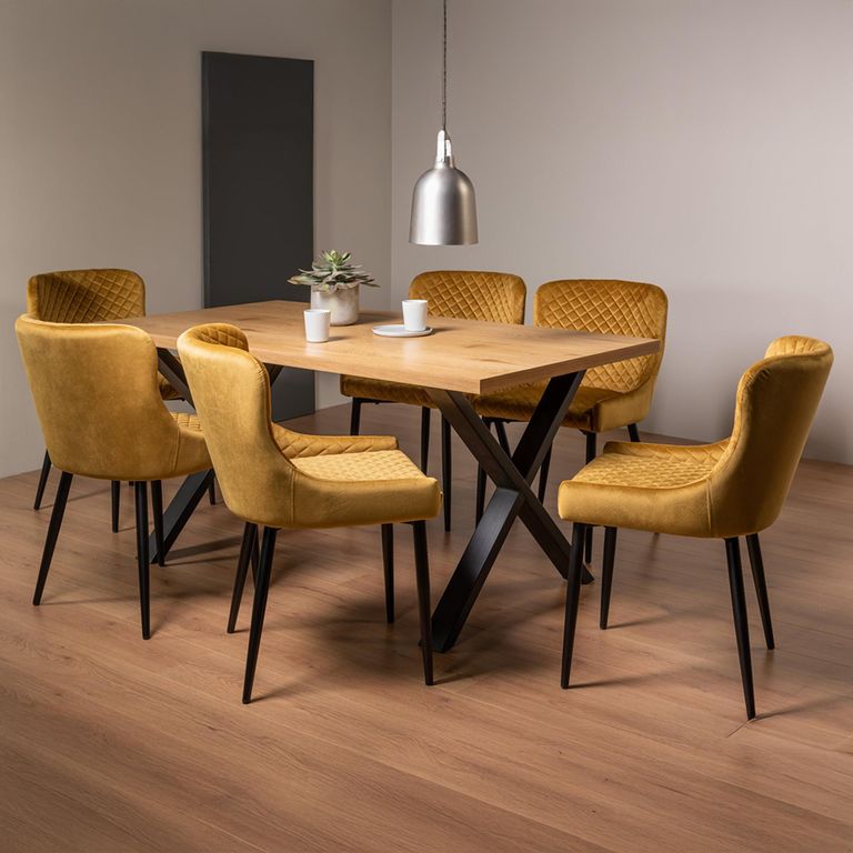 Ramsay Oak Dining Table Set - 6 Seater - 160cm - X Leg - 6 Cezanne Mustard Velvet Chairs - Black Legs