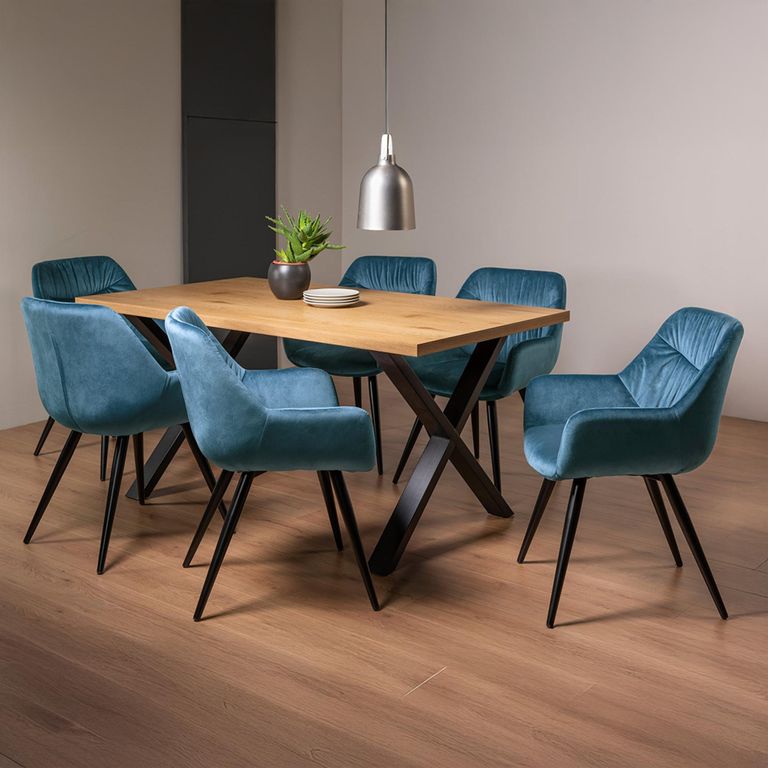 Ramsay Oak Dining Table Set - 6 Seater - 160cm - X Leg - 6 Dali Petrol Blue Velvet Chairs