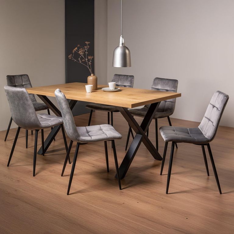 Ramsay Oak Dining Table Set - 6 Seater - 160cm - X Leg - 6 Mondrian Grey Velvet Chairs