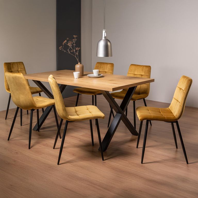 Ramsay Oak Dining Table Set - 6 Seater - 160cm - X Leg - 6 Mondrian Mustard Velvet Chairs