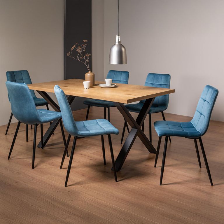 Ramsay Oak Dining Table Set - 6 Seater - 160cm - X Leg - 6 Mondrian Petrol Blue Velvet Chairs