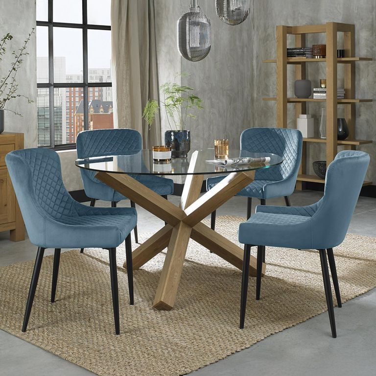 Turin Glass Dining Table Set - 4 Seater - 120cm - Round - Light Oak Legs - 4 Cezanne Petrol Blue Velvet Chairs - Black Legs