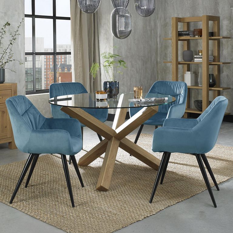 Turin Glass Dining Table Set - 4 Seater - 120cm - Round - Light Oak Legs - 4 Dali Petrol Blue Velvet Chairs
