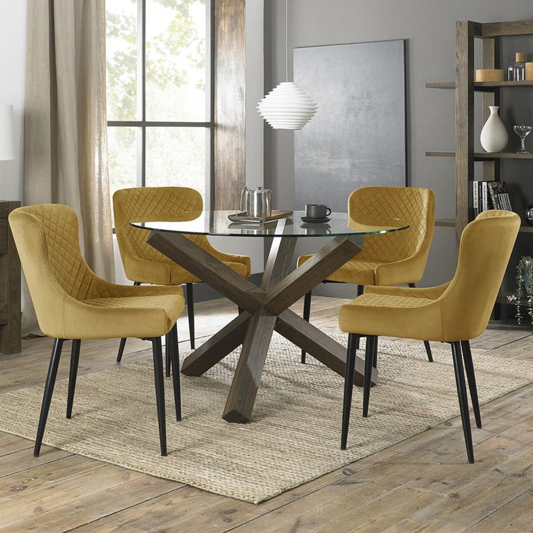 Turin Glass Round Dining Table - 4 Seater - 120cm - Dark Oak Legs - 4 Cezanne Mustard Velvet Chairs - Black Legs
