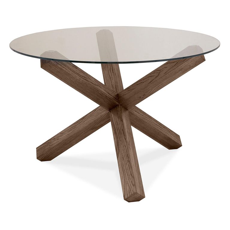 Turin Glass Round Dining Table - 4 Seater - 120cm - Dark Oak Legs - 4 Dali Mustard Velvet Chairs