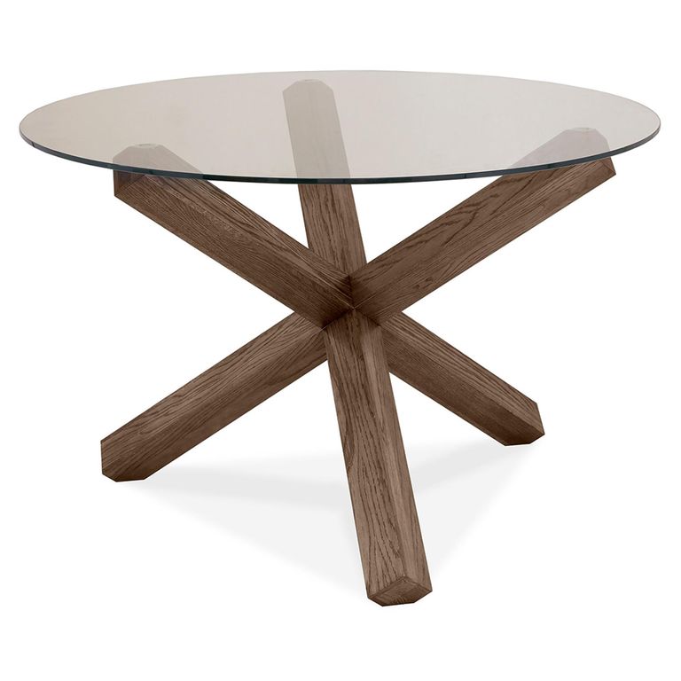 Turin Glass Round Dining Table - 4 Seater - 120cm - Dark Oak Legs - 4 Fontana Grey Velvet Chairs