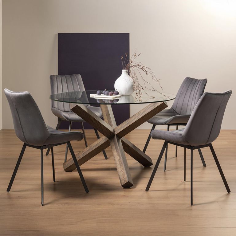 Turin Glass Round Dining Table - 4 Seater - 120cm - Dark Oak Legs - 4 Fontana Grey Velvet Chairs