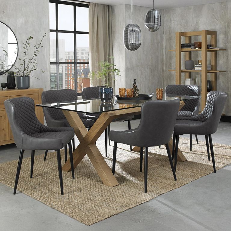 Turin Glass Dining Table Set - 6 Seater - 180cm - Light Oak Legs - 6 Cezanne Dark Grey Faux Leather Chairs - Black Legs