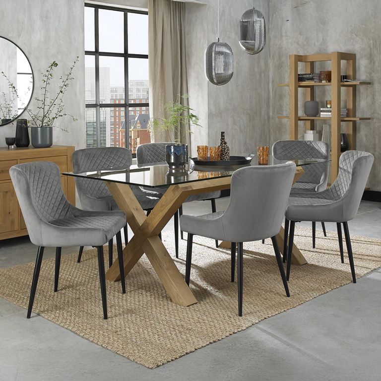 Turin Glass Dining Table Set - 6 Seater - 180cm - Light Oak Legs - 6 Cezanne Grey Velvet Chairs - Black Legs