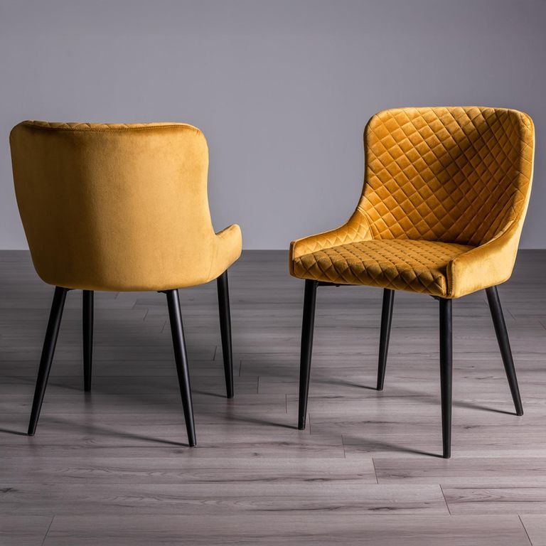 Turin Glass Dining Table Set - 6 Seater - 180cm - Light Oak Legs - 6 Cezanne Mustard Velvet Chairs - Black Legs