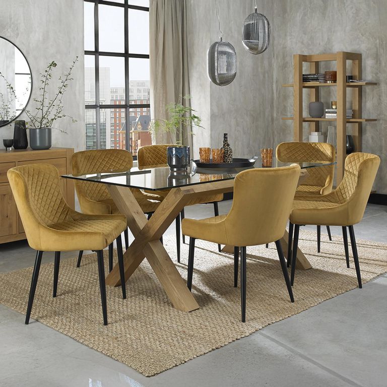 Turin Glass Dining Table Set - 6 Seater - 180cm - Light Oak Legs - 6 Cezanne Mustard Velvet Chairs - Black Legs