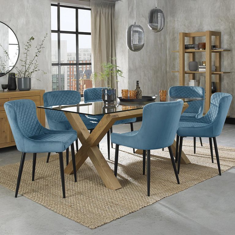 Turin Glass Dining Table Set - 6 Seater - 180cm - Light Oak Legs - 6 Cezanne Petrol Blue Velvet Chairs - Black Legs