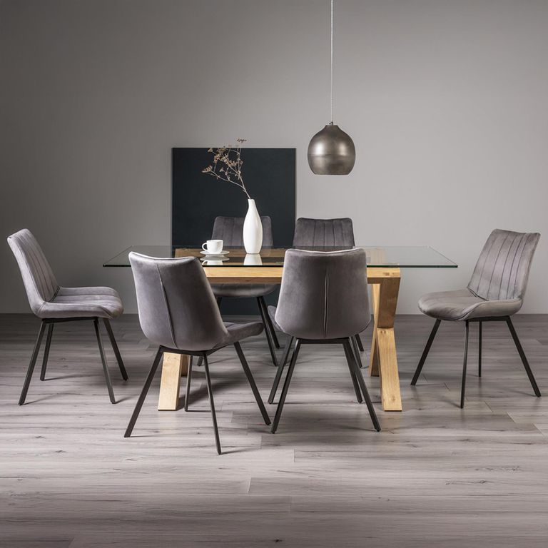 Turin Glass Dining Table Set - 6 Seater - 180cm - Light Oak Legs - 6 Fontana Grey Velvet Chairs