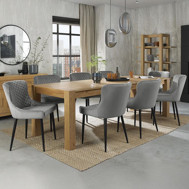 Turin Light Oak Extending Dining Table Set - 6-10 Seater - 165cm-225cm - 8 Cezanne Grey Velvet Chairs - Black Legs