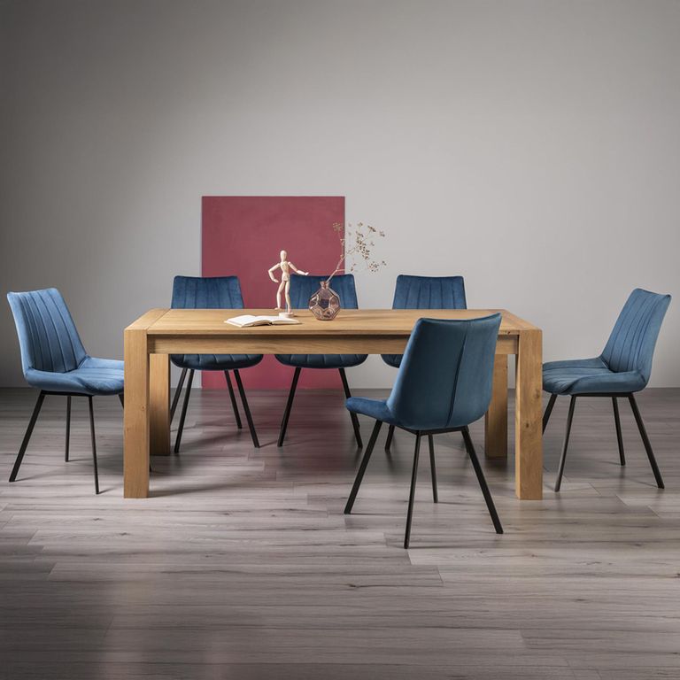 Turin Light Oak Extending Dining Table Set - 6-10 Seater - 185cm-245cm - 8 Fontana Blue Velvet Chairs