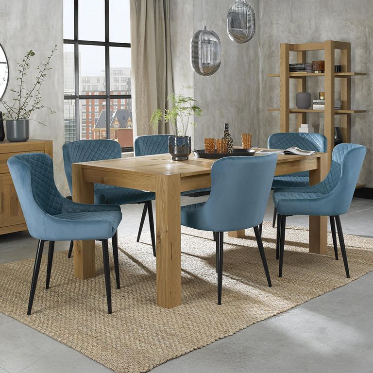 Turin Light Oak Extending Dining Table Set - 6-8 Seater - 165cm-225cm - 6 Cezanne Petrol Blue Velvet Chairs - Black Legs