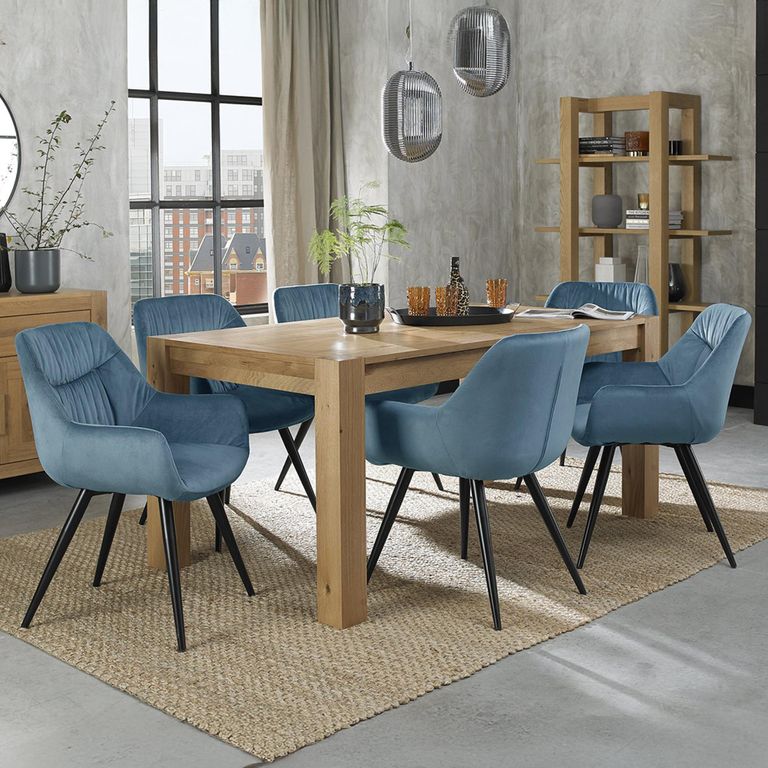 Turin Light Oak Extending Dining Table Set - 6-8 Seater - 165cm-225cm - 6 Dali Petrol Blue Velvet Chairs