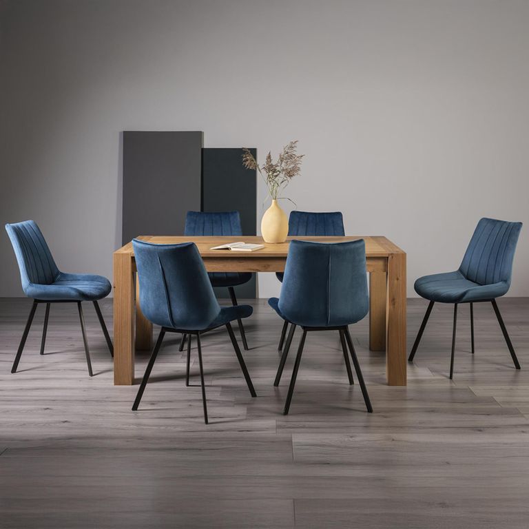 Turin Light Oak Extending Dining Table Set - 6-8 Seater - 165cm-225cm - 6 Fontana Blue Velvet Chairs