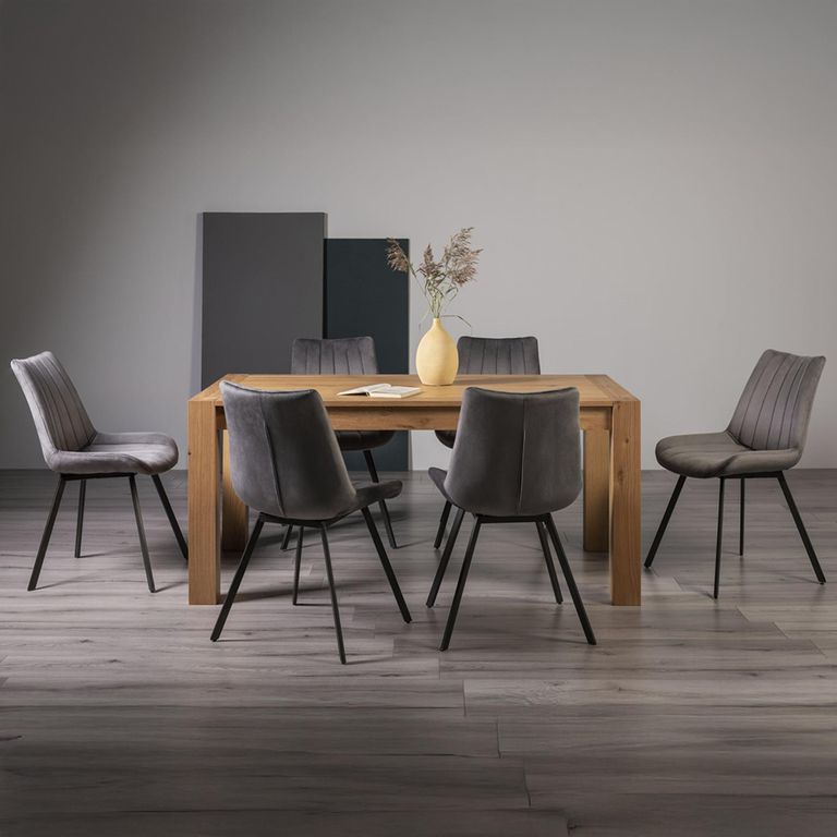 Turin Light Oak Extending Dining Table Set - 6-8 Seater - 165cm-225cm - 6 Fontana Grey Velvet Chairs