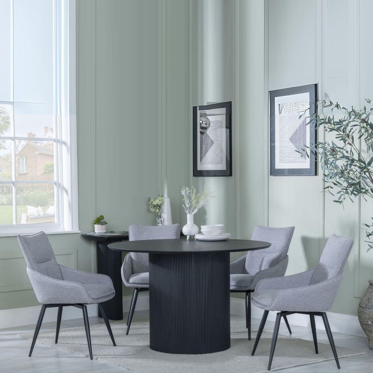 Bern Fluted Black 4 Seater Round Dining Set - 4 Ace Grey Fabric Swivel Dining Chair