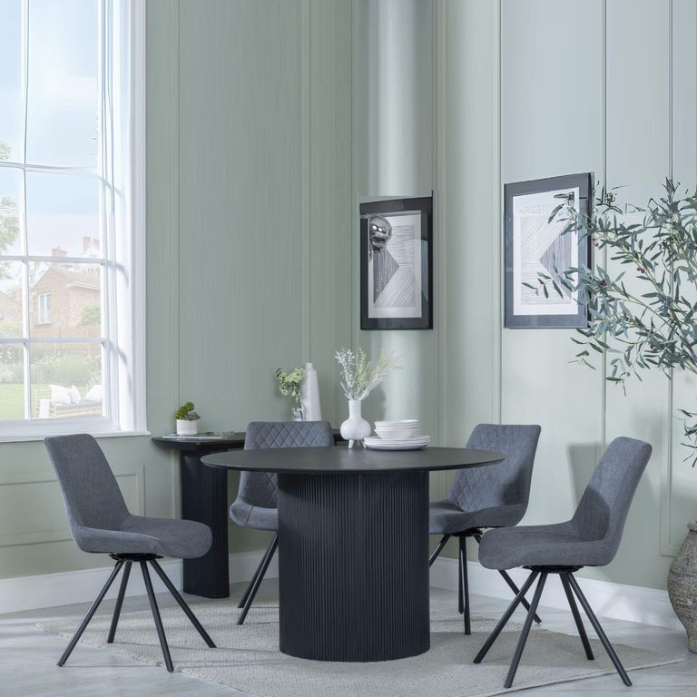 Bern Fluted Black 4 Seater Round Dining Set - 4 Boden Grey Fabric Swivel Dining Chair