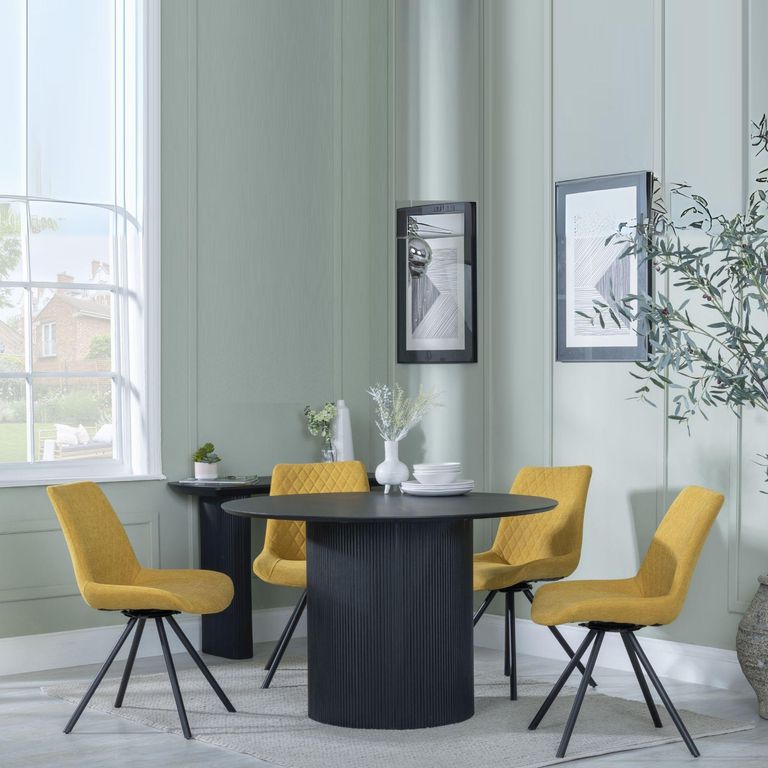 Bern Fluted Black 4 Seater Round Dining Set - 4 Boden Yellow Fabric Swivel Dining Chair