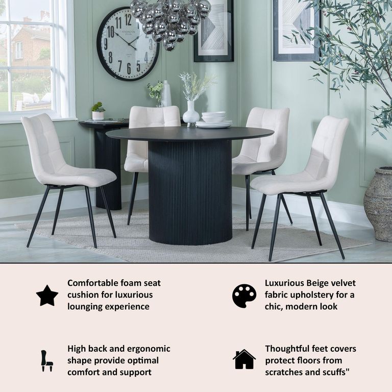 Bern Fluted Black 4 Seater Round Dining Set - 4 Corona Beige Fabric Chairs