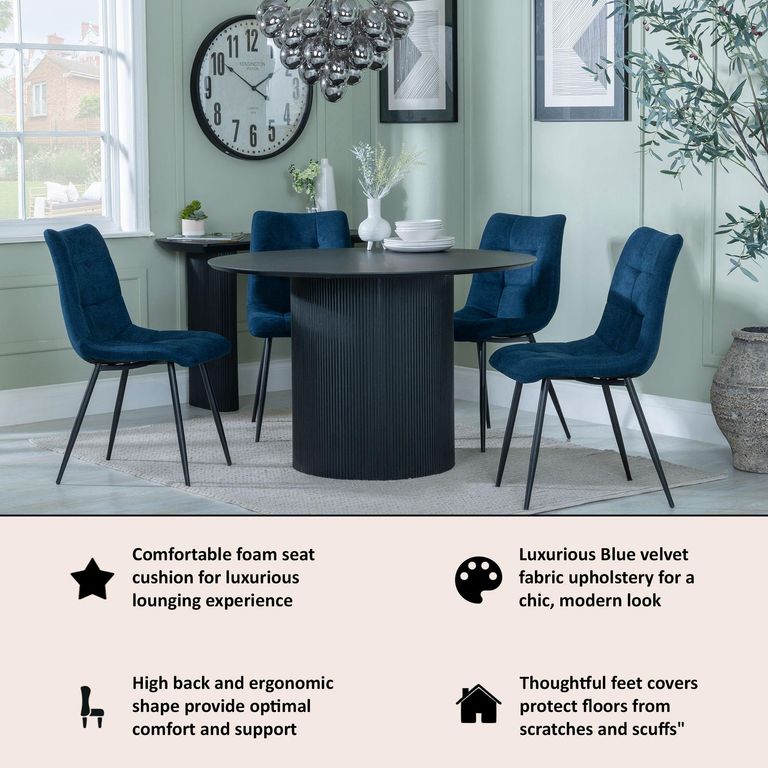 Bern Fluted Black 4 Seater Round Dining Set - 4 Corona Blue Fabric Chairs
