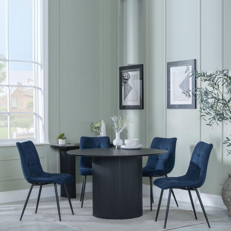 Bern Fluted Black 4 Seater Round Dining Set - 4 Corona Blue Fabric Chairs