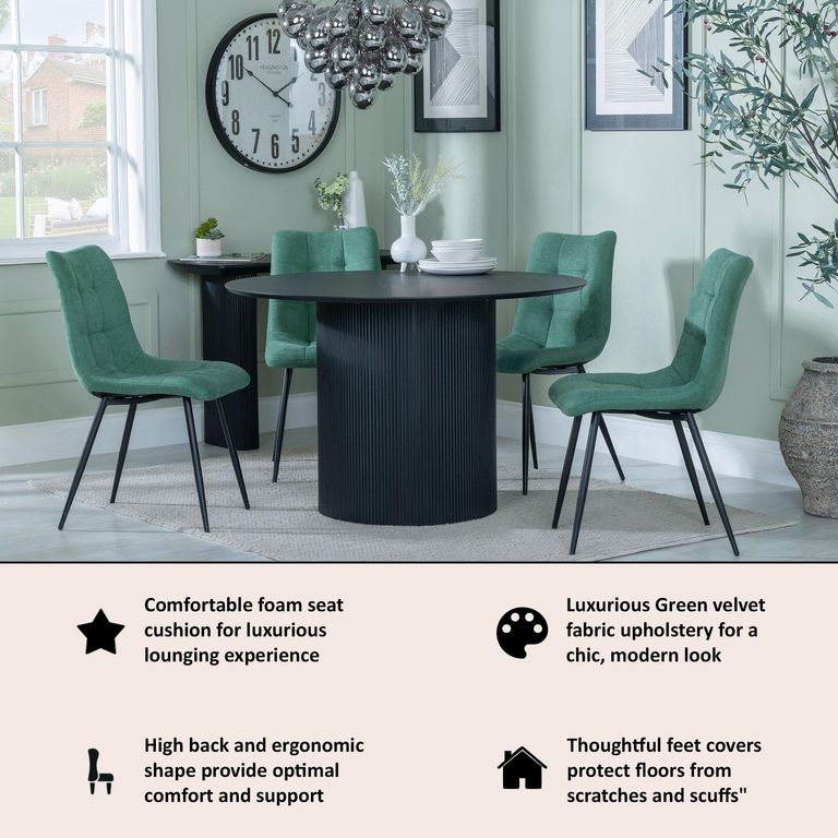 Bern Fluted Black 4 Seater Round Dining Set - 4 Corona Green Fabric Chairs