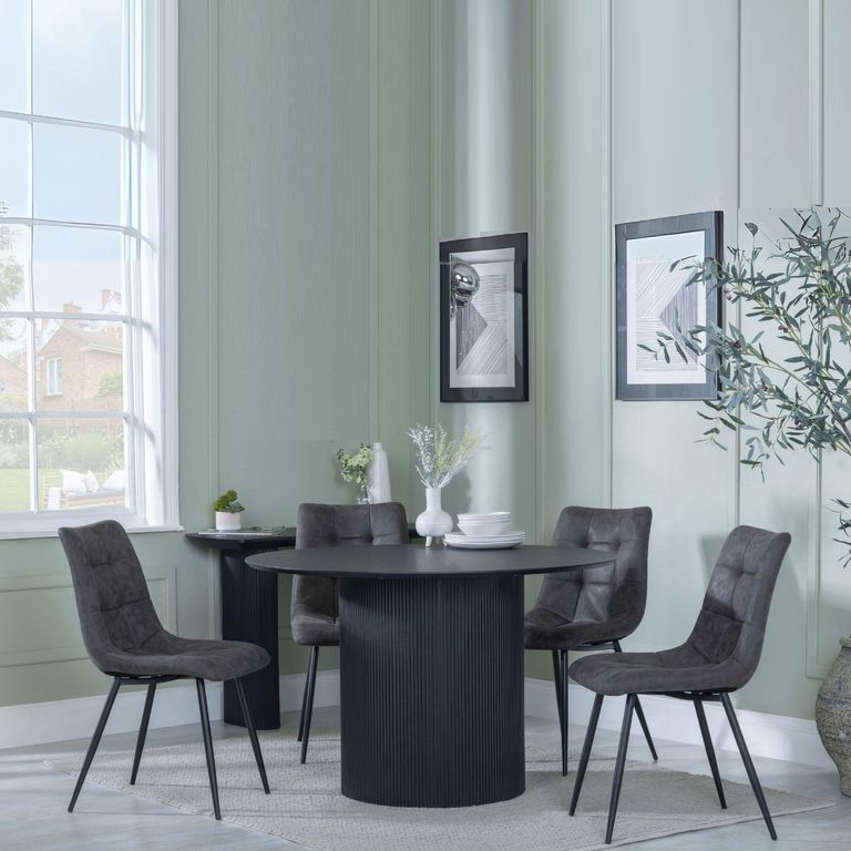 Bern Fluted Black 4 Seater Round Dining Set - 4 Corona Grey Fabric Chairs