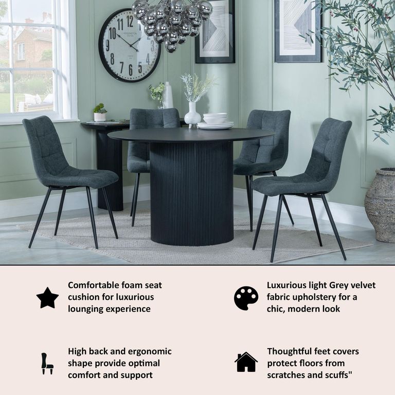 Bern Fluted Black 4 Seater Round Dining Set - 4 Corona Light Grey Fabric Chairs
