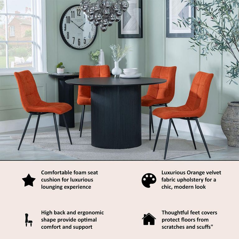 Bern Fluted Black 4 Seater Round Dining Set - 4 Corona Orange Fabric Chairs
