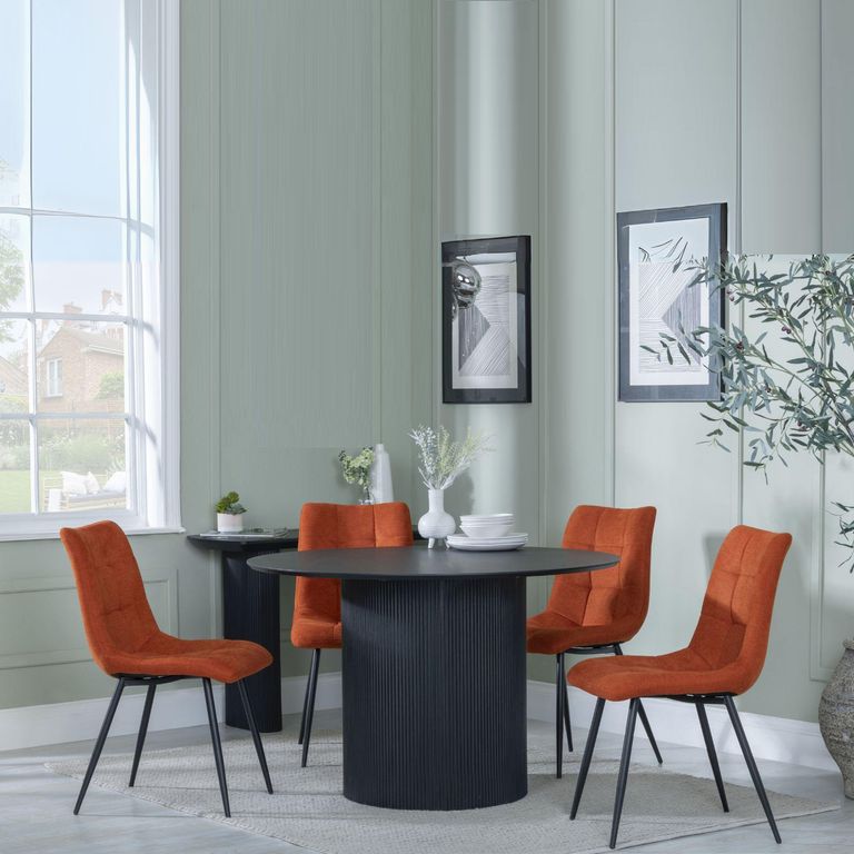 Bern Fluted Black 4 Seater Round Dining Set - 4 Corona Orange Fabric Chairs