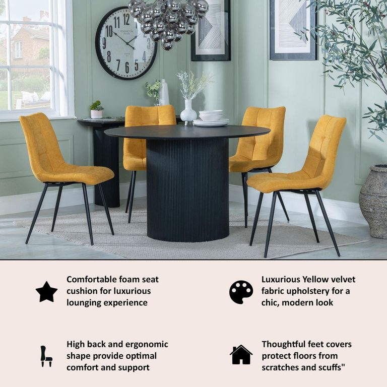 Bern Fluted Black 4 Seater Round Dining Set - 4 Corona Yellow Fabric Chairs