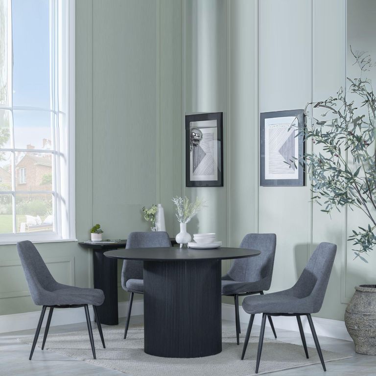 Bern Fluted Black 4 Seater Round Dining Set - 4 Darwin Grey Fabric Dining Chair