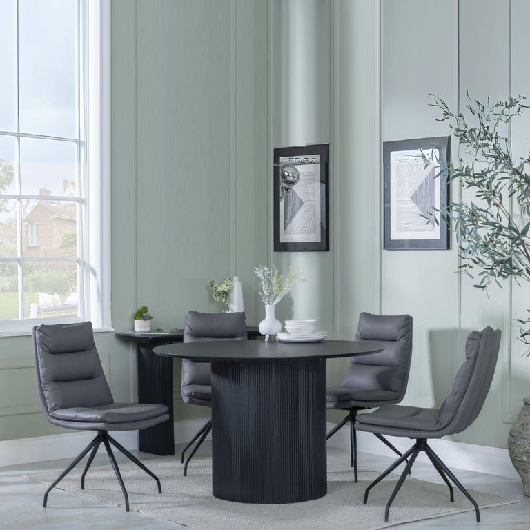 Bern Fluted Black 4 Seater Round Dining Set - 4 Diego Grey Leather Swivel Dining Chair