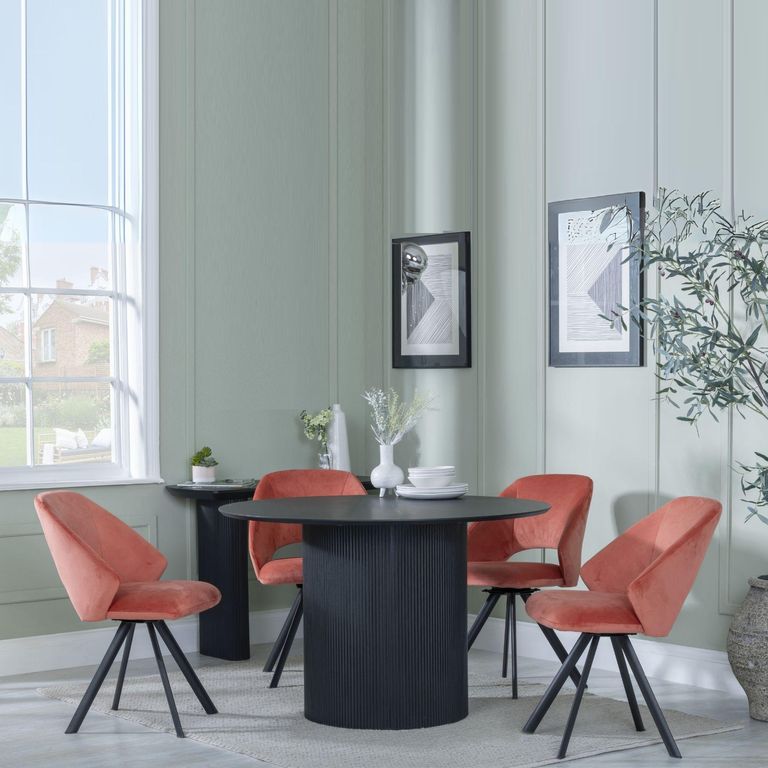 Bern Fluted Black 4 Seater Round Dining Set - 4 Ion Orange Velvet Fabric Swivel Dining Chair