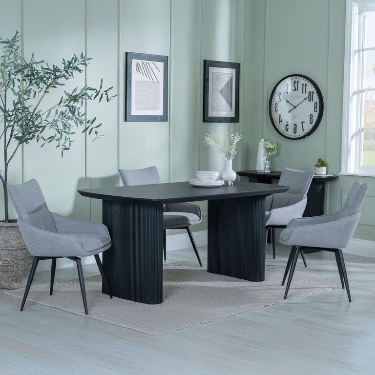 Bern Fluted Black Dining Set - Ace Grey Fabric Swivel Dining Chair