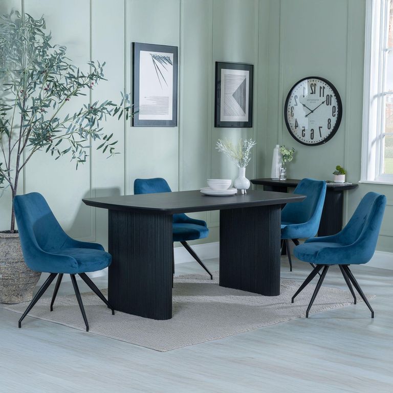 Bern Fluted Black Dining Set - Arctic Blue Velvet Fabric Swivel Dining Chair