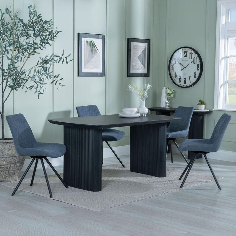 Bern Fluted Dining Set - 6 Seater - 160cm - Black - Boden Swivel Dining Chairs - Dark Grey Fabric