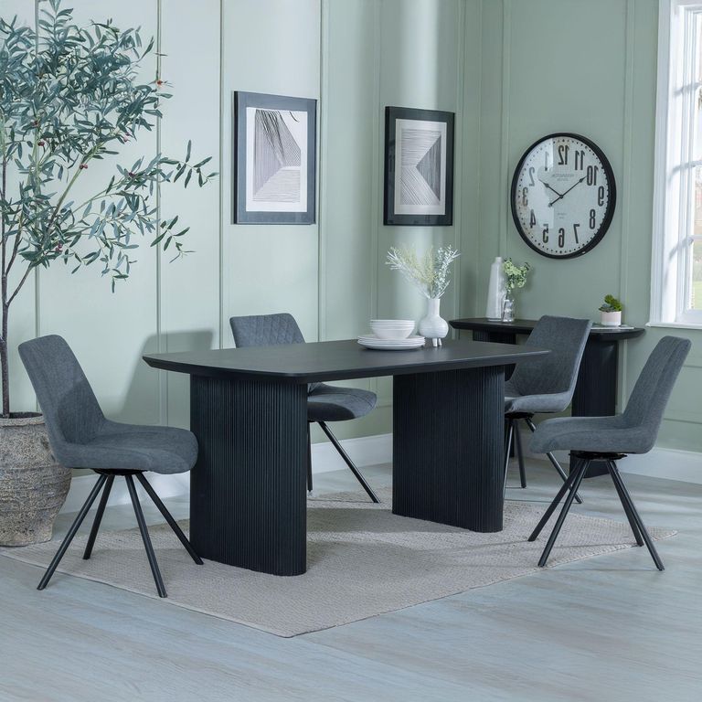 Bern Fluted Dining Set - 6 Seater - 160cm - Black - Boden Swivel Dining Chairs - Grey Fabric