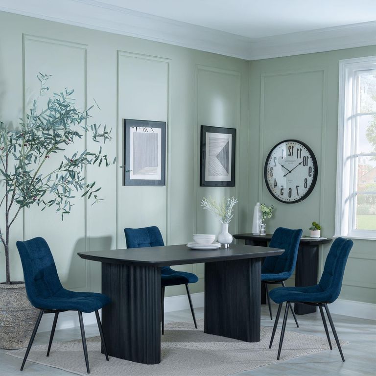 Bern Fluted Black Dining Set - Corona Blue Fabric Chairs