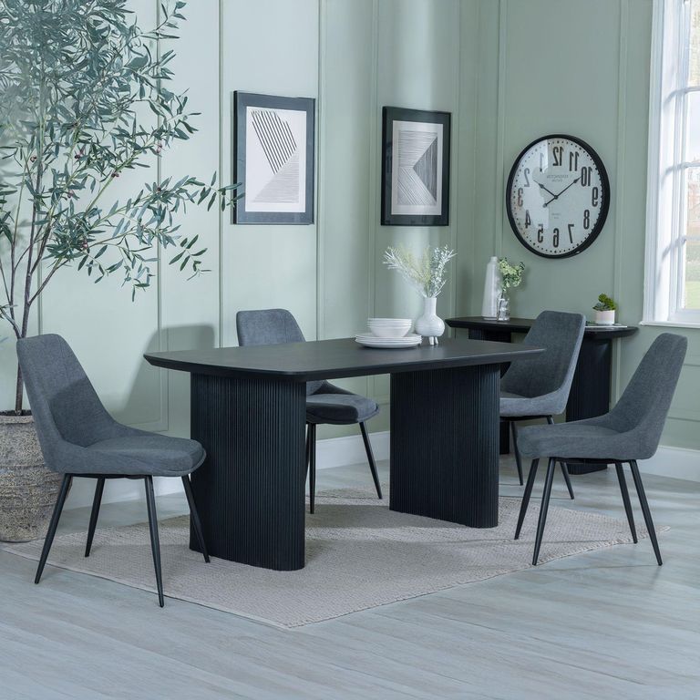 Bern Fluted Dining Set - 6 Seater - 160cm - Black - Darwin Dining Chairs - Dark Grey Fabric