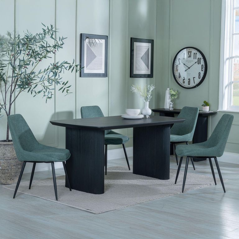 Bern Fluted Dining Set - 6 Seater - 160cm - Black - Darwin Dining Chairs - Green Fabric