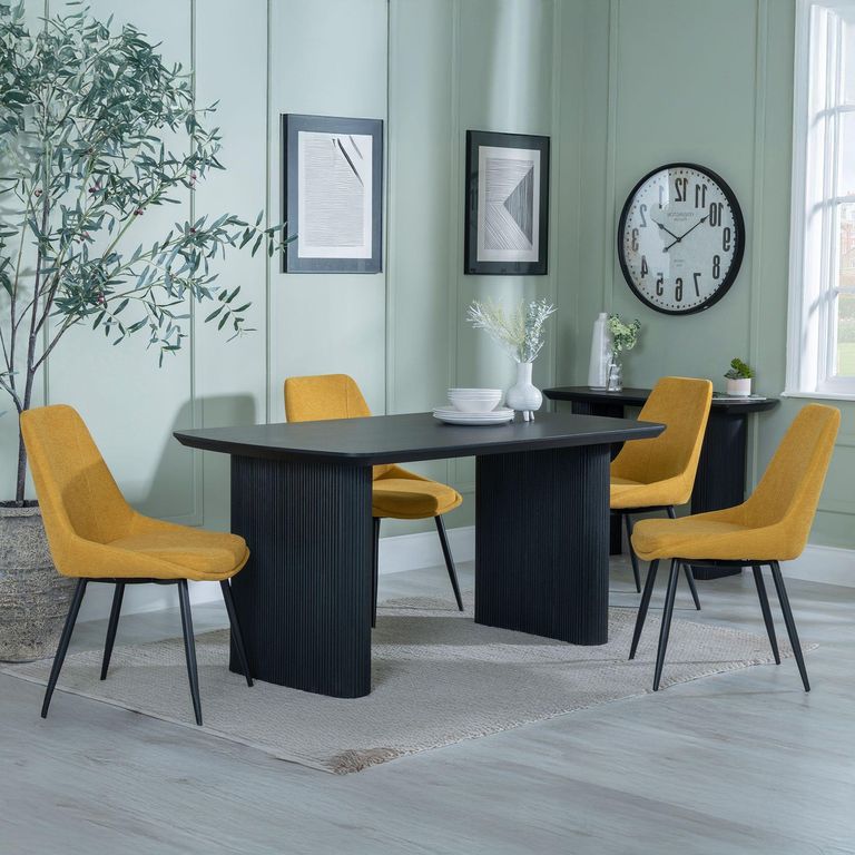Bern Fluted Dining Set - 6 Seater - 160cm - Black - Darwin Dining Chairs - Yellow Fabric