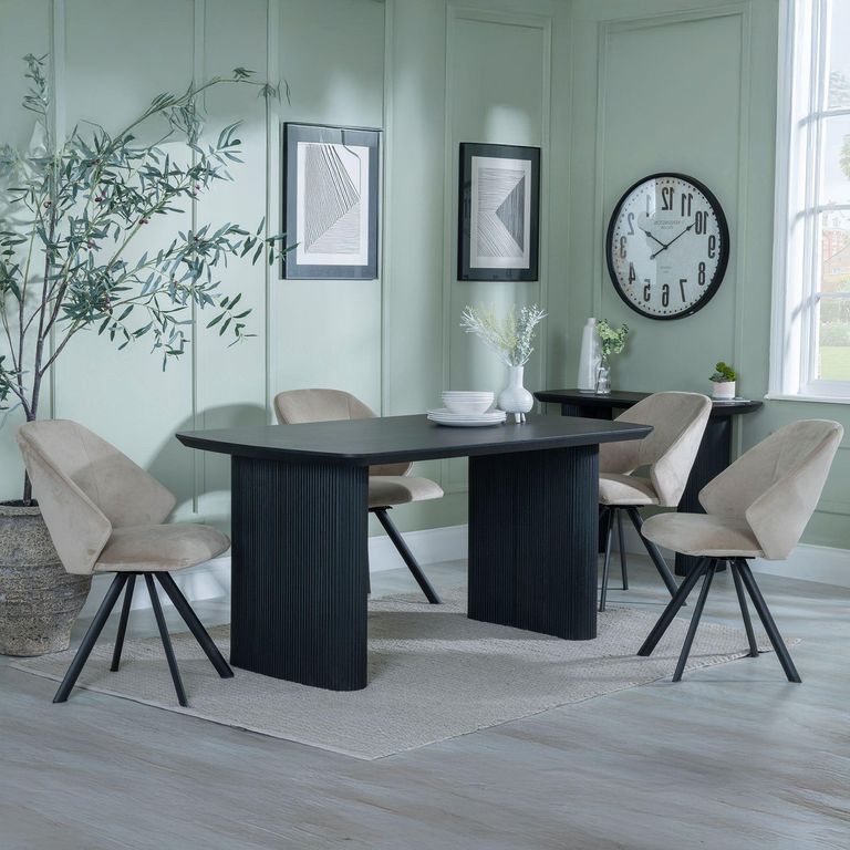 Bern Fluted Dining Set - 6 Seater - 160cm - Black - Ion Swivel Dining Chairs - Beige Velvet Fabric