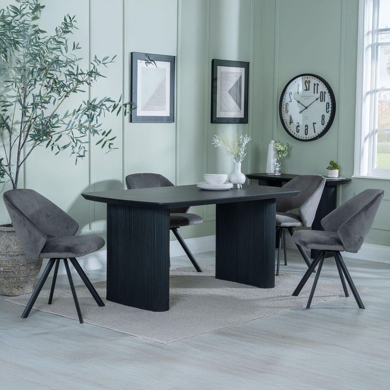 Bern Fluted Dining Set - 6 Seater - 160cm - Black - Ion Swivel Dining Chairs - Dark Grey Velvet Fabric